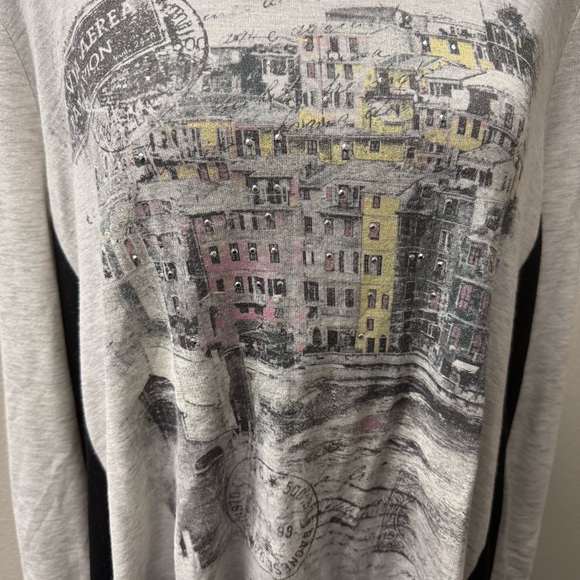 Cato Cream Black Graphic Top XL Paris City Print Rhinestone Long Sleeve - Picture 3 of 12